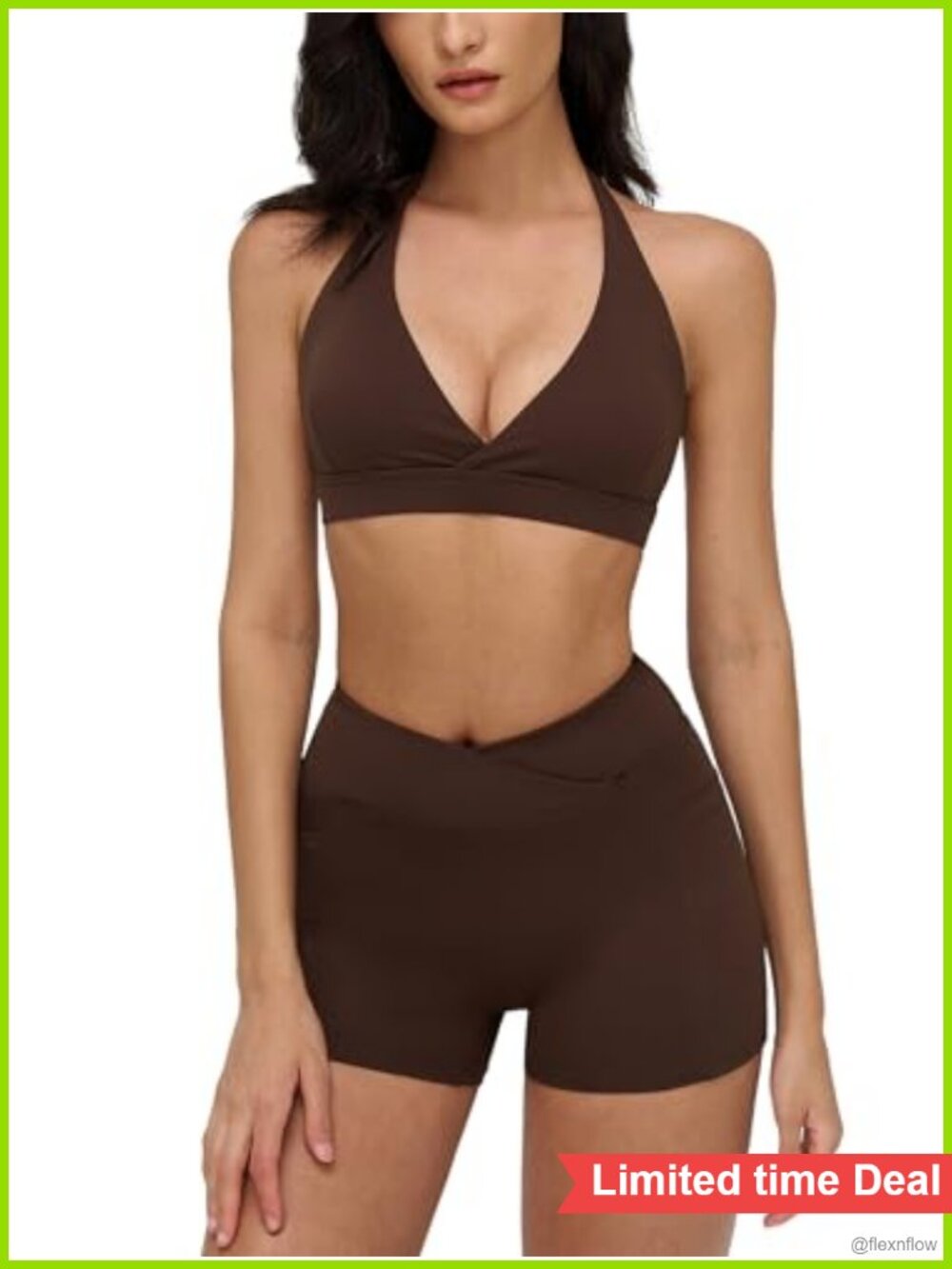 Halter Sports Bra & Biker Shorts Set with Pockets Polyamide Spandex